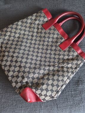 Gucci Tote Monogram GG Canvas Leather Tote Bag Shoulder Beige Red